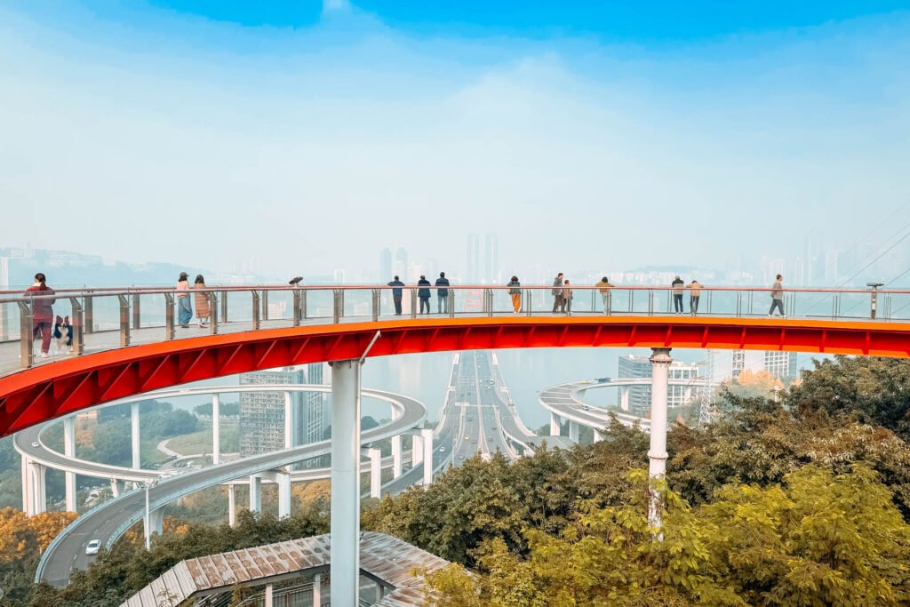 Panoramic View of the Chongqing peninsula from the copper coin inspired Tongyuan City Balcony.